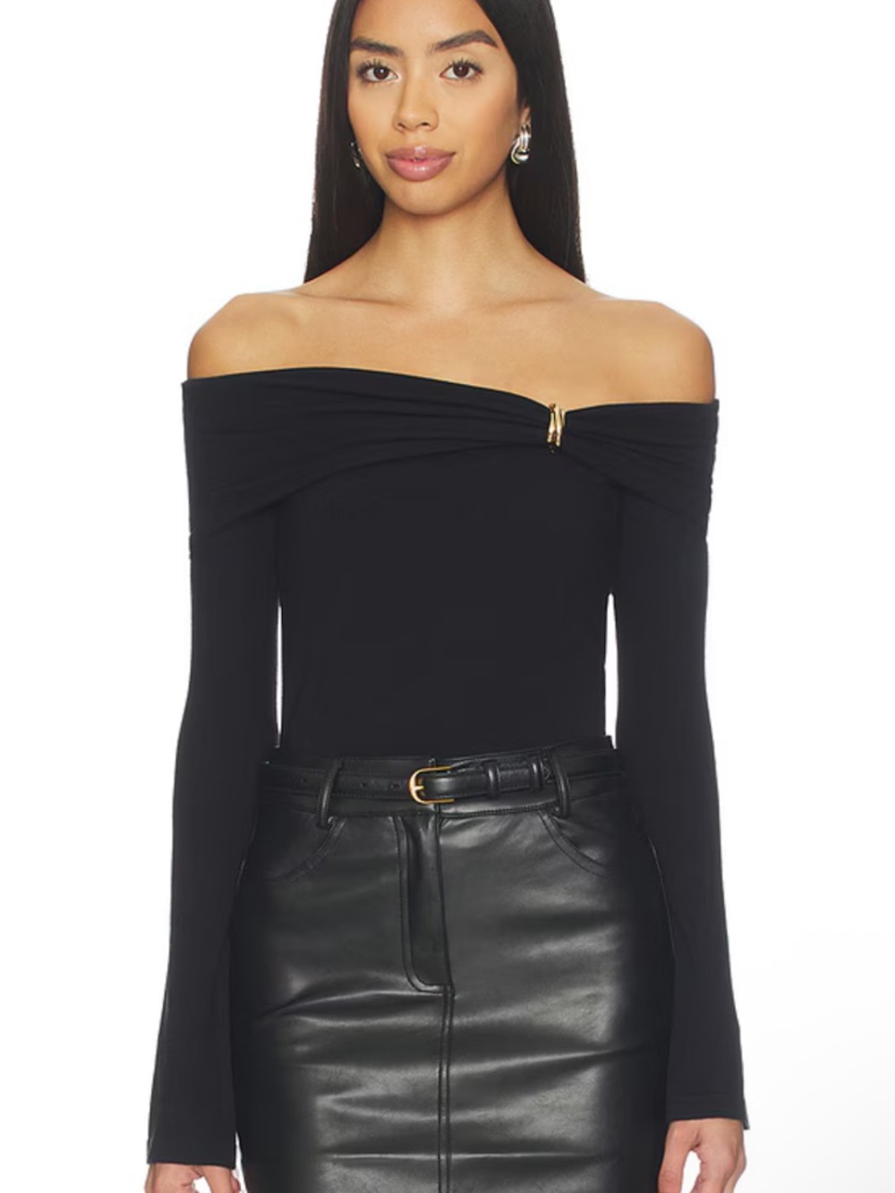 Off-the-Shoulder Black Long-Sleeve Top with Twist Detail